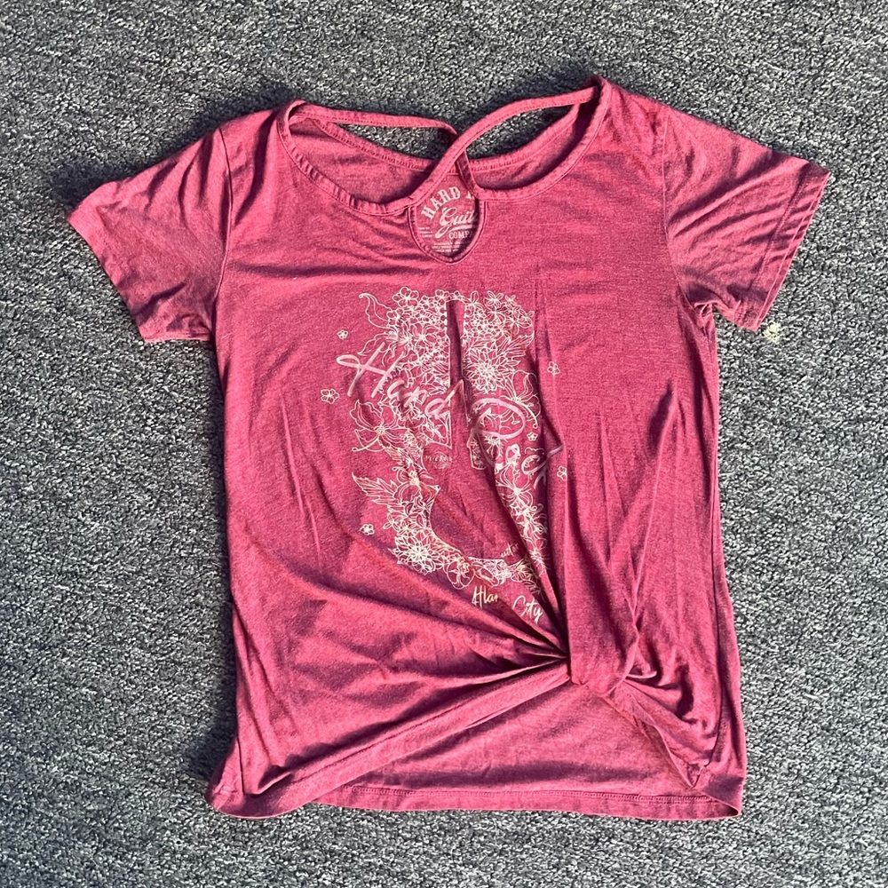 Hard Rock Cafe Maroon and Gold Graphic Floral Guitar Tee with Crossed Neckline